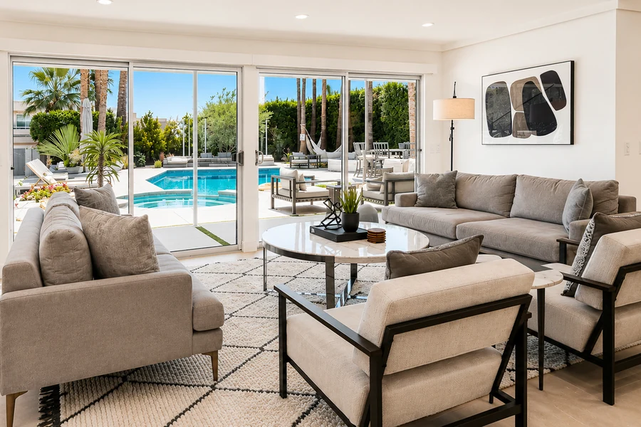Milo House’s bright living room opening toward the pool terrace