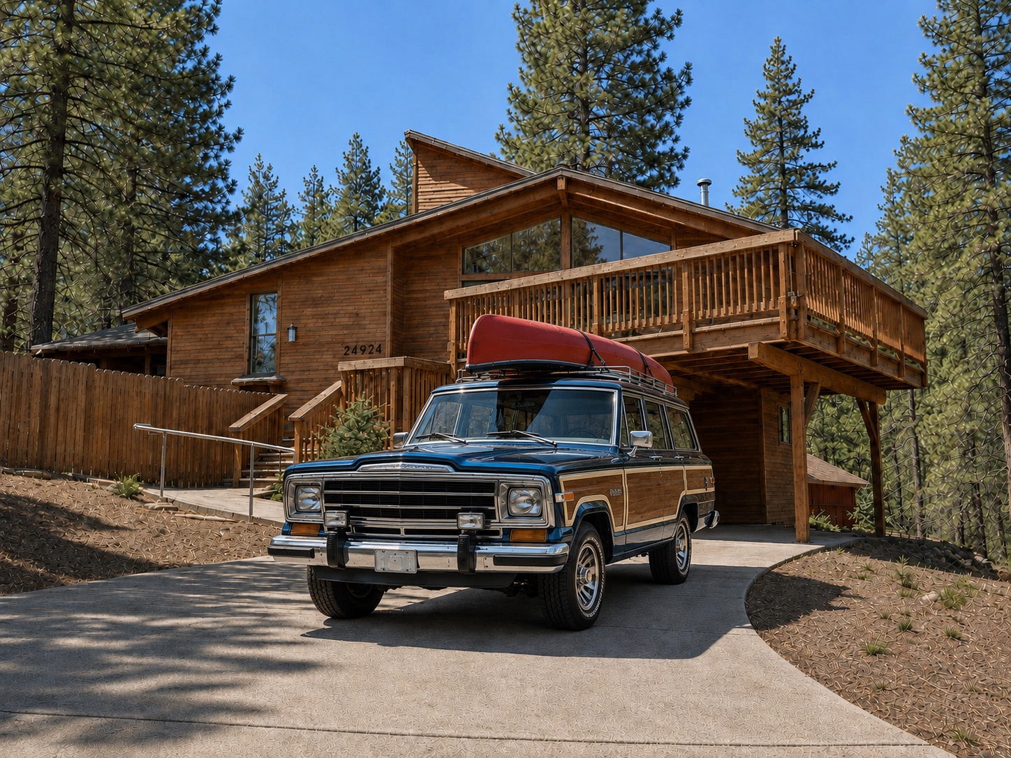 Mountain Water cabin and red canoe in its forest setting
